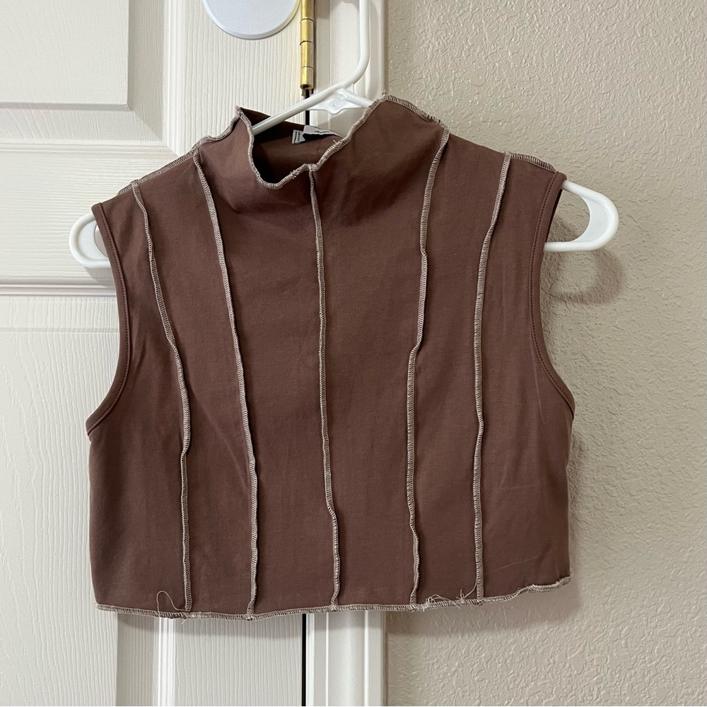 Adika Brown Sleeveless Mock Neck Crop Top